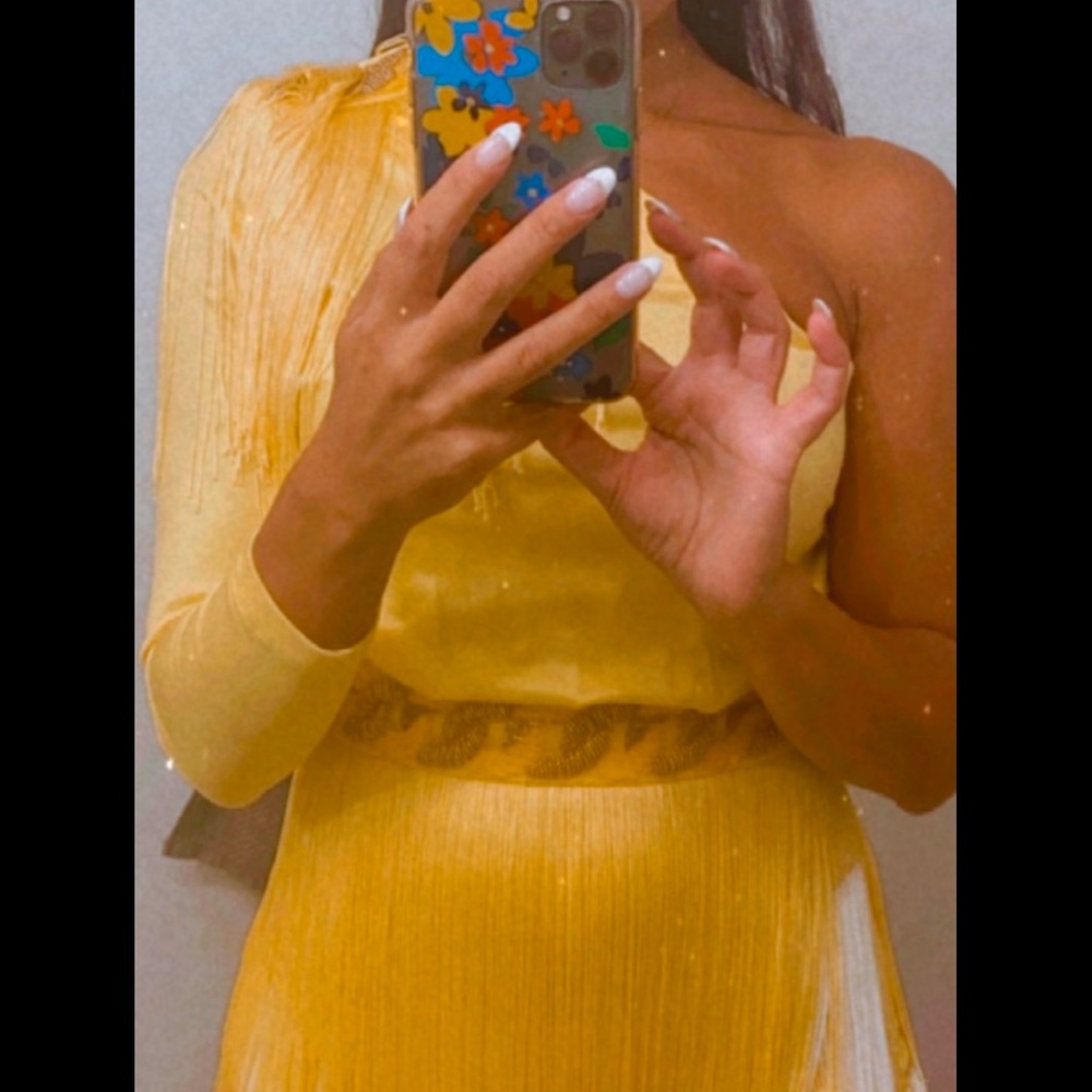 One-Shoulder Yellow Dress with Fringe